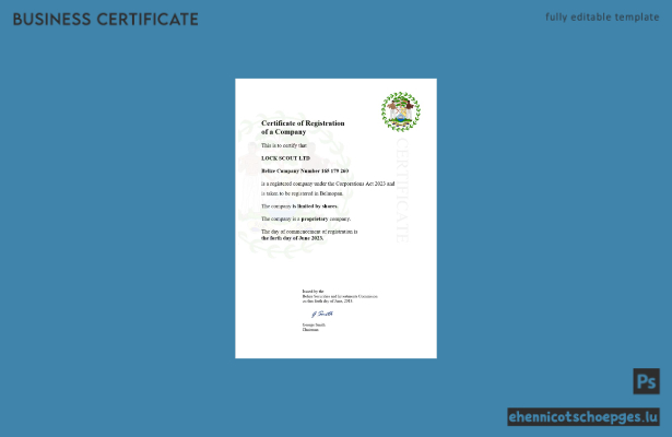 Belize-Registrierungszertifikat – Beispielansicht in Word und PDF